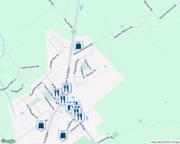 map of restaurants, bars, coffee shops, grocery stores, and more near 29 Stocks Street in Lovettsville