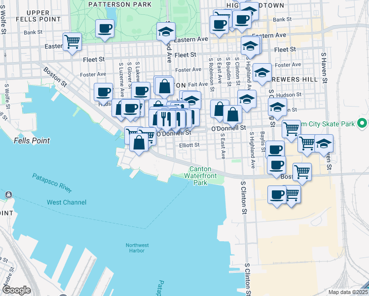 map of restaurants, bars, coffee shops, grocery stores, and more near 2919 Elliott Street in Baltimore