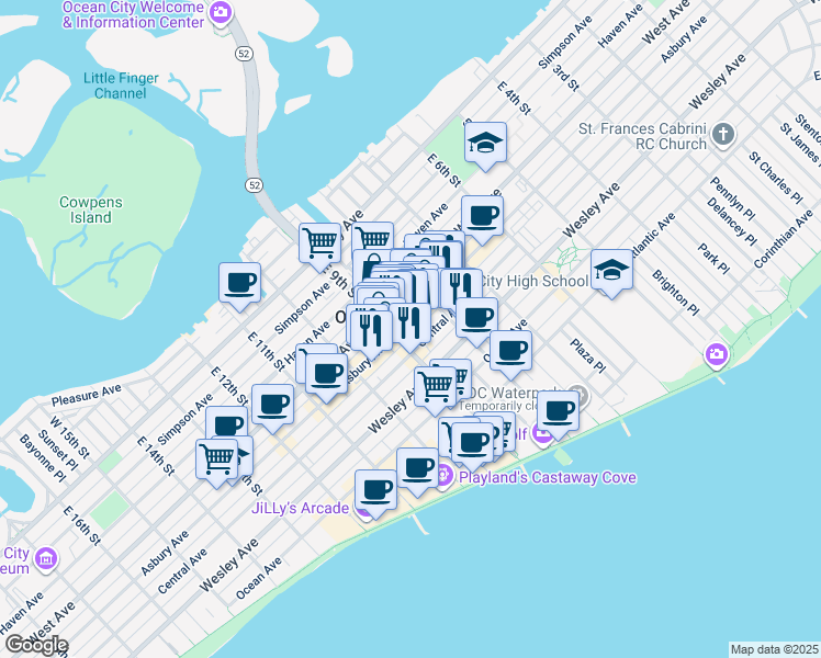 map of restaurants, bars, coffee shops, grocery stores, and more near 847 Asbury Avenue in Ocean City