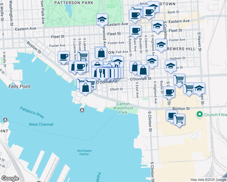 map of restaurants, bars, coffee shops, grocery stores, and more near 2919 Elliott Street in Baltimore