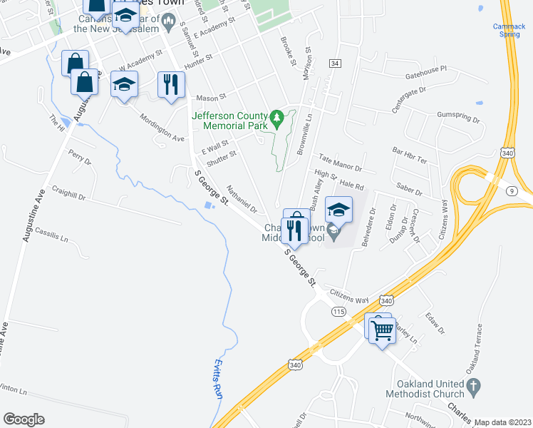 map of restaurants, bars, coffee shops, grocery stores, and more near 2 Nathaniel Drive in Charles Town