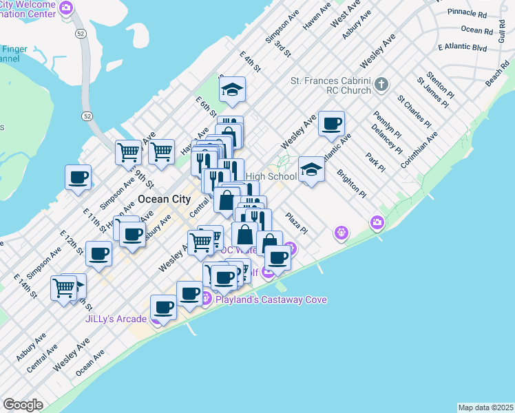 map of restaurants, bars, coffee shops, grocery stores, and more near 701 Ocean Avenue in Ocean City