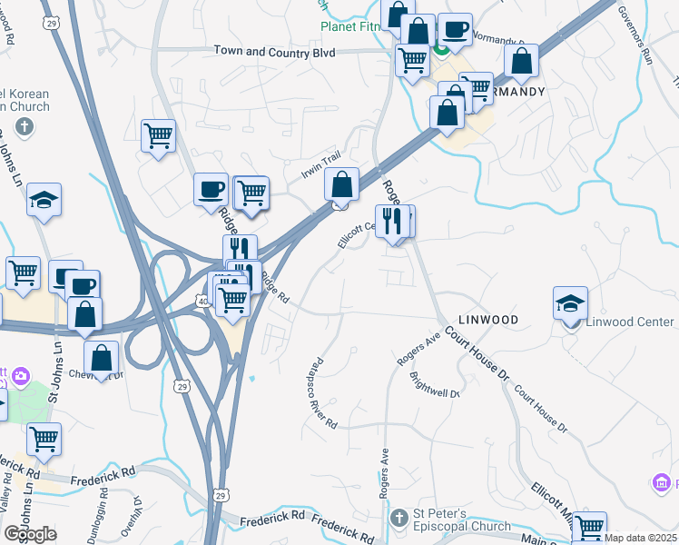 map of restaurants, bars, coffee shops, grocery stores, and more near 3228 Vogel Road in Ellicott City