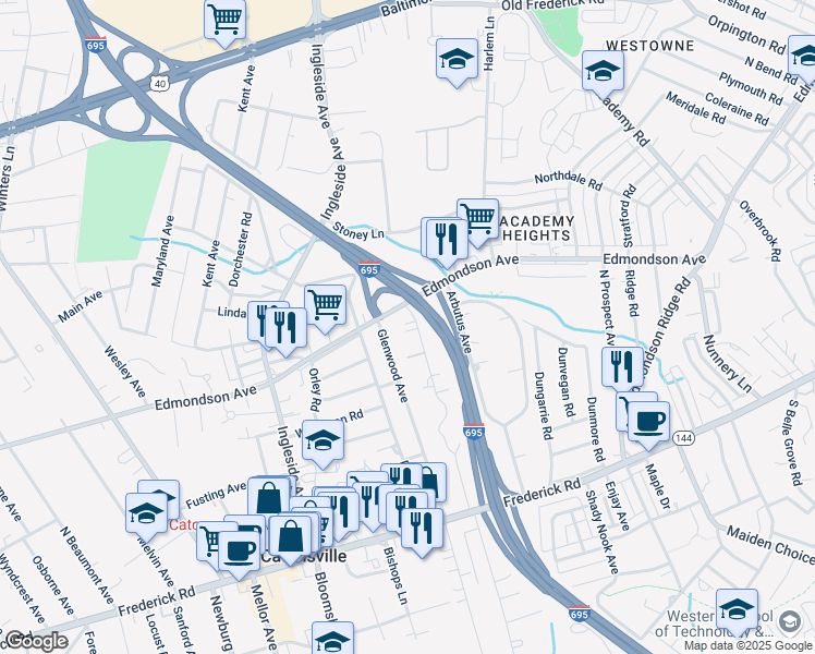 map of restaurants, bars, coffee shops, grocery stores, and more near 517 Edmondson Avenue in Catonsville