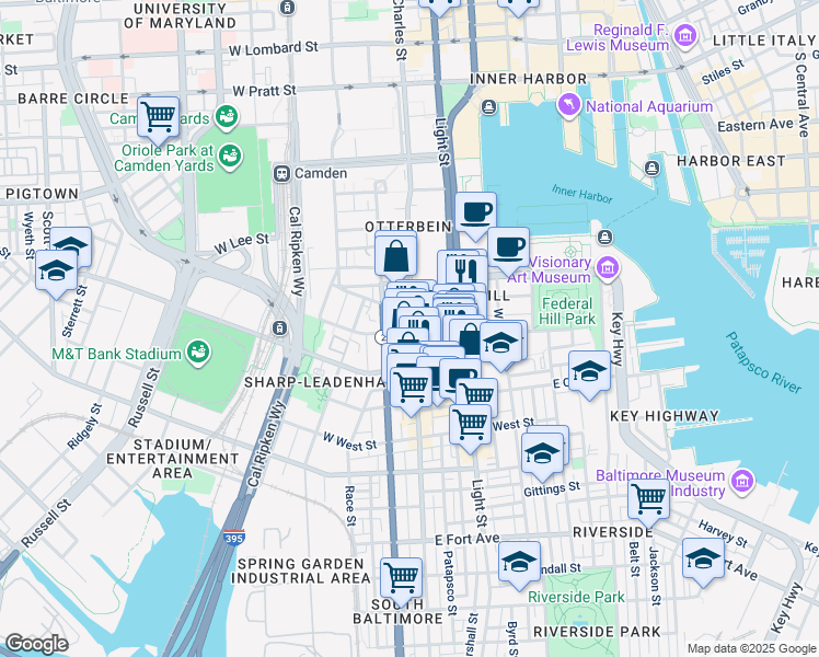 map of restaurants, bars, coffee shops, grocery stores, and more near 828 South Charles Street in Baltimore