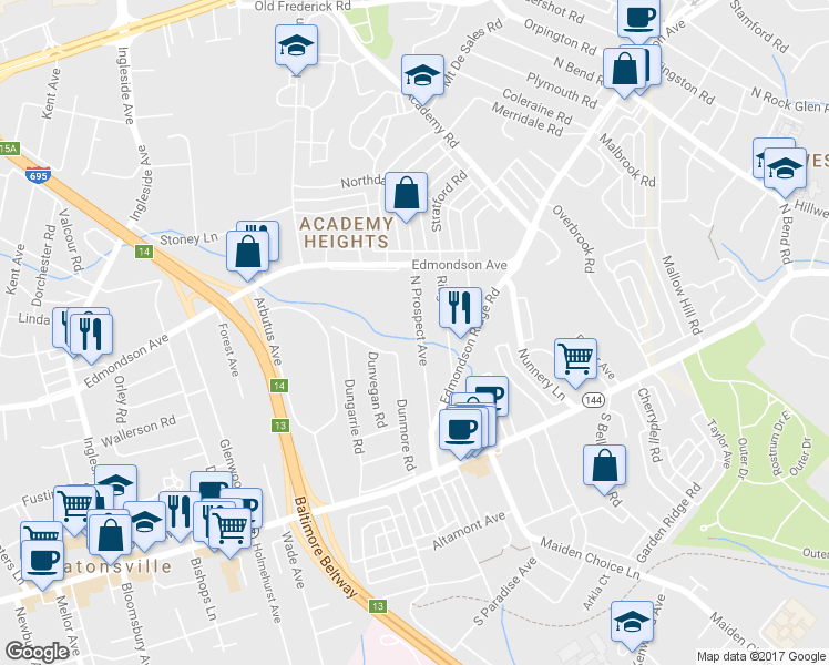 map of restaurants, bars, coffee shops, grocery stores, and more near 28 North Prospect Avenue in Catonsville