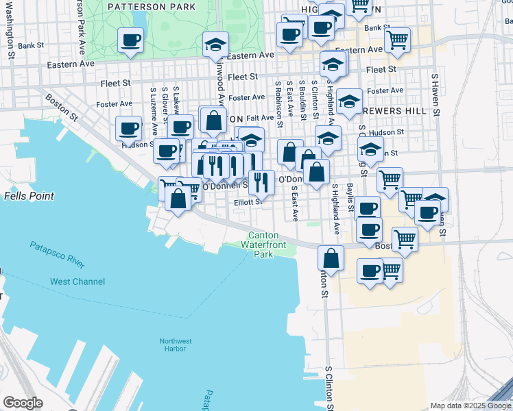 map of restaurants, bars, coffee shops, grocery stores, and more near 3011 Elliott Street in Baltimore