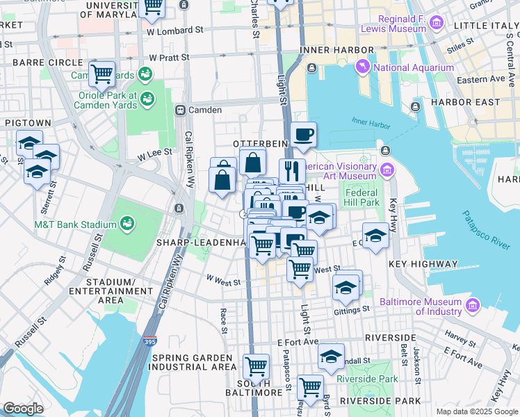 map of restaurants, bars, coffee shops, grocery stores, and more near 828 South Charles Street in Baltimore