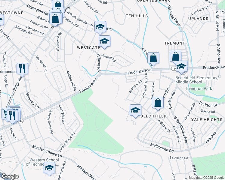 map of restaurants, bars, coffee shops, grocery stores, and more near 5197 Wyndholme Circle in Baltimore