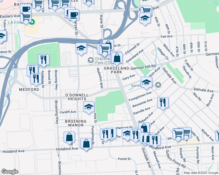 map of restaurants, bars, coffee shops, grocery stores, and more near 1229 Steelton Avenue in Baltimore