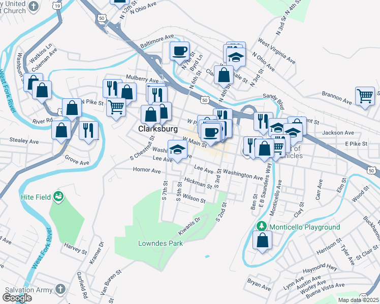map of restaurants, bars, coffee shops, grocery stores, and more near 360 Washington Avenue in Clarksburg
