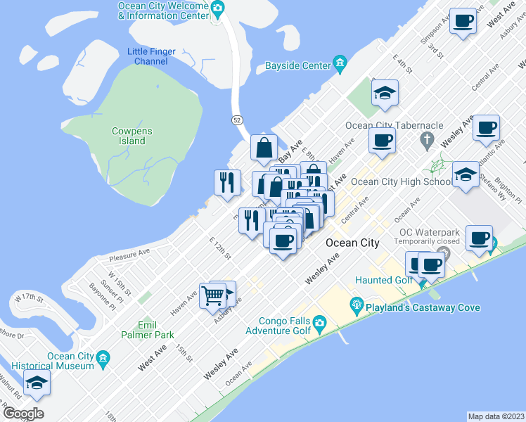 map of restaurants, bars, coffee shops, grocery stores, and more near 1009 Simpson Avenue in Ocean City