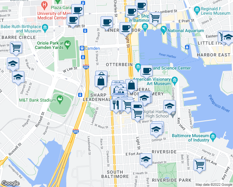map of restaurants, bars, coffee shops, grocery stores, and more near 4 West Henrietta Street in Baltimore