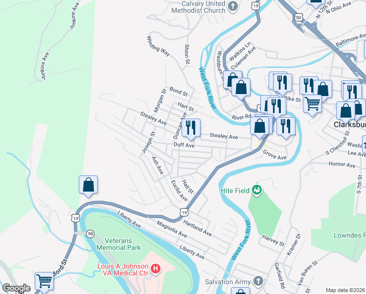 map of restaurants, bars, coffee shops, grocery stores, and more near 515 Duff Avenue in Clarksburg