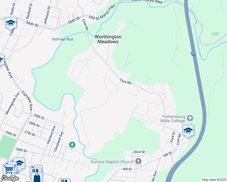 map of restaurants, bars, coffee shops, grocery stores, and more near 2302 Randolph Drive in Parkersburg