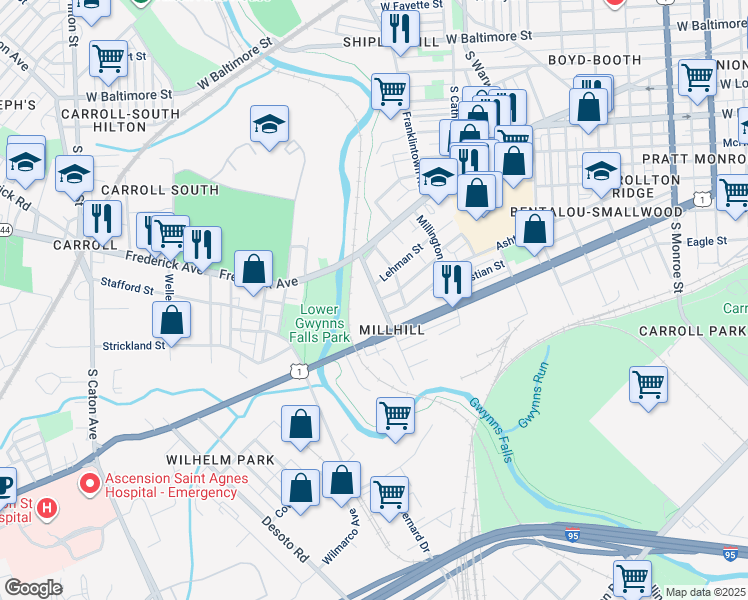 map of restaurants, bars, coffee shops, grocery stores, and more near 496 Brunswick Street in Baltimore