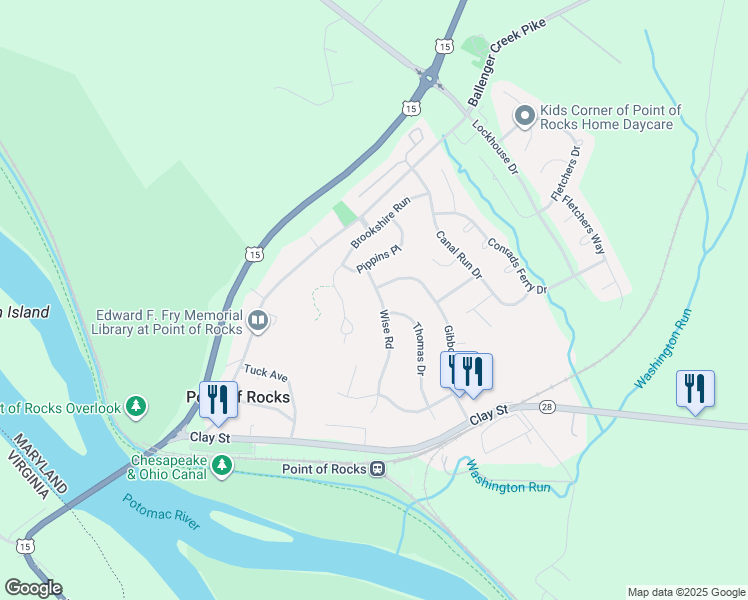 map of restaurants, bars, coffee shops, grocery stores, and more near 1624 Wise Road in Point of Rocks