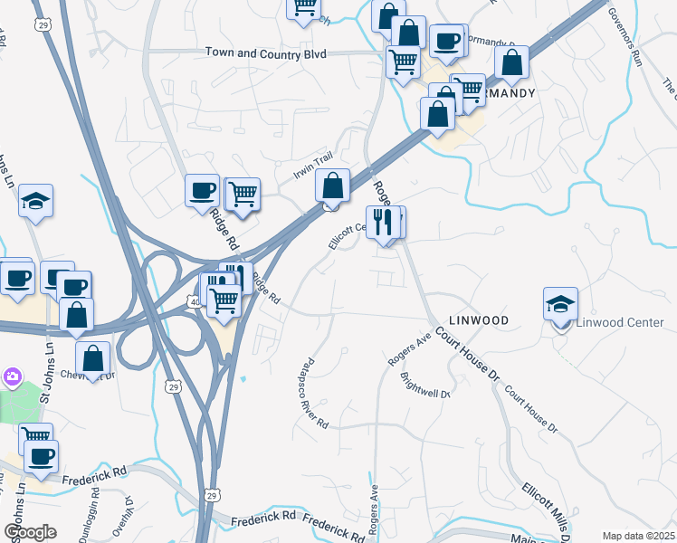 map of restaurants, bars, coffee shops, grocery stores, and more near 8700 Ridge Road in Ellicott City