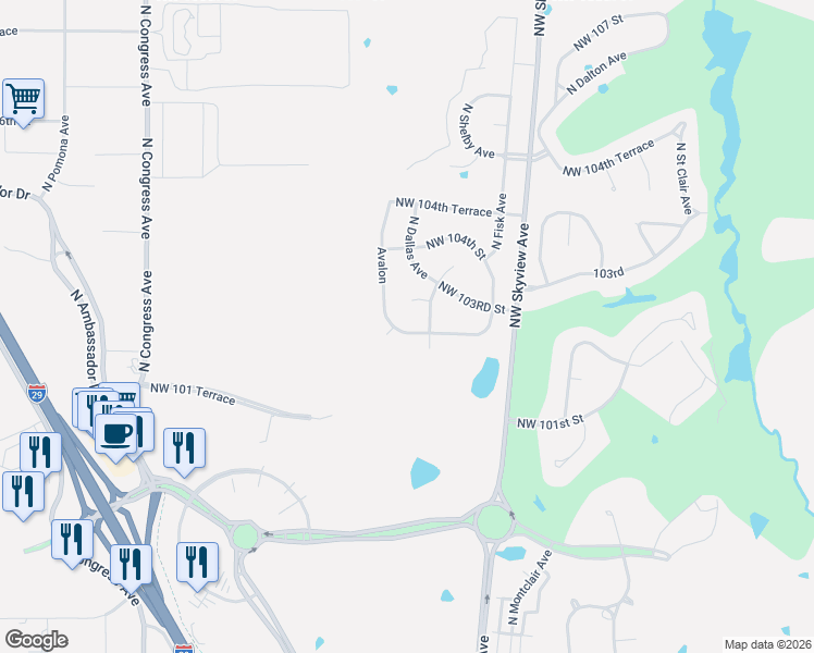 map of restaurants, bars, coffee shops, grocery stores, and more near 6708 Northwest 102 Terrace in Kansas City