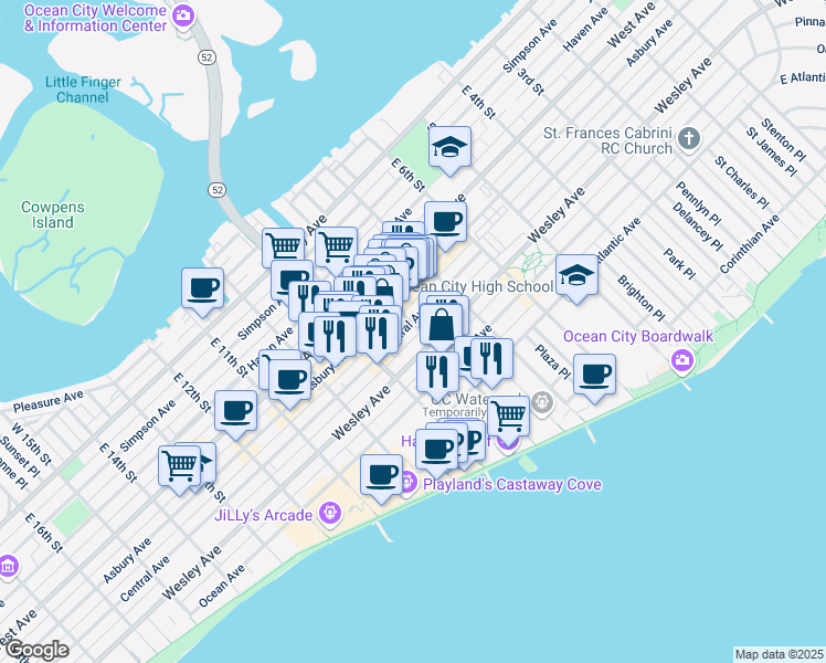map of restaurants, bars, coffee shops, grocery stores, and more near 801 Central Avenue in Ocean City