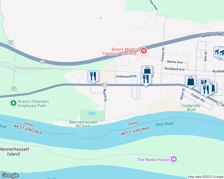 map of restaurants, bars, coffee shops, grocery stores, and more near 2733 Washington Boulevard in Belpre