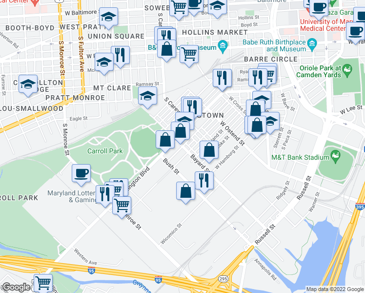 map of restaurants, bars, coffee shops, grocery stores, and more near Bayard St & Ward St in Baltimore