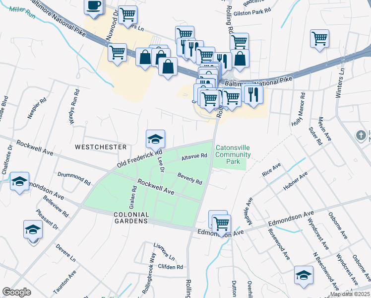 map of restaurants, bars, coffee shops, grocery stores, and more near 1921 Old Frederick Road in Catonsville