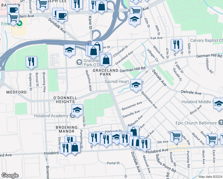 map of restaurants, bars, coffee shops, grocery stores, and more near Boston St & Dundalk Ave in Baltimore