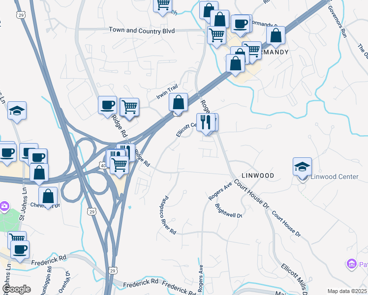 map of restaurants, bars, coffee shops, grocery stores, and more near 8720 Ridge Road in Ellicott City