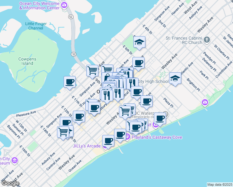 map of restaurants, bars, coffee shops, grocery stores, and more near 847 Asbury Avenue in Ocean City
