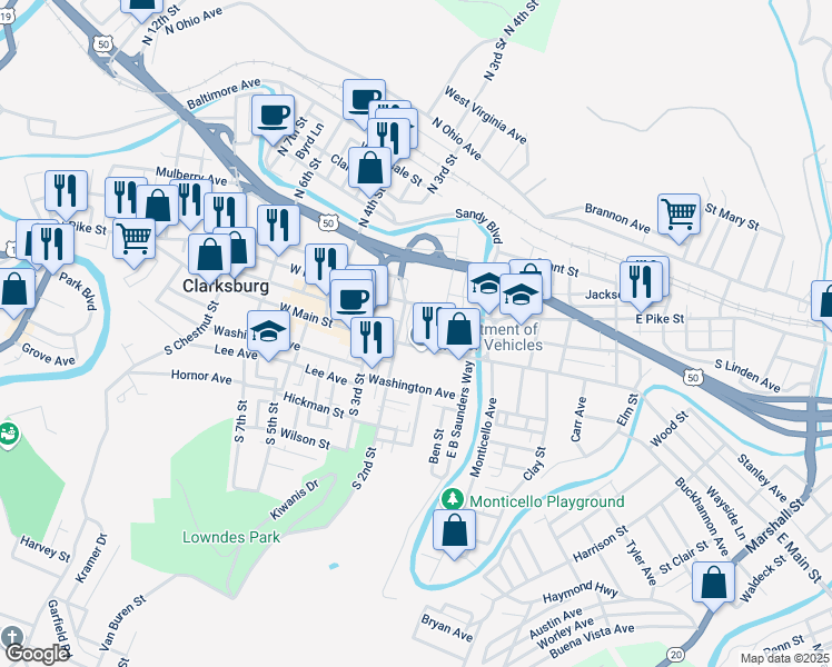 map of restaurants, bars, coffee shops, grocery stores, and more near 168 West Main Street in Clarksburg