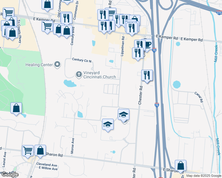 map of restaurants, bars, coffee shops, grocery stores, and more near 11347 Lippelman Road in Cincinnati