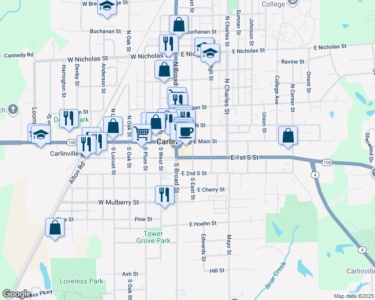 map of restaurants, bars, coffee shops, grocery stores, and more near 101-199 South East Street in Carlinville