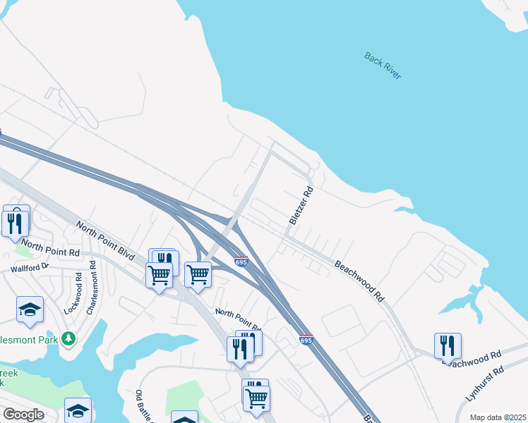 map of restaurants, bars, coffee shops, grocery stores, and more near 124 Briarwood Road in Dundalk
