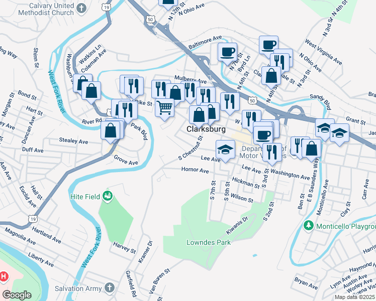 map of restaurants, bars, coffee shops, grocery stores, and more near 310 South Chestnut Street in Clarksburg