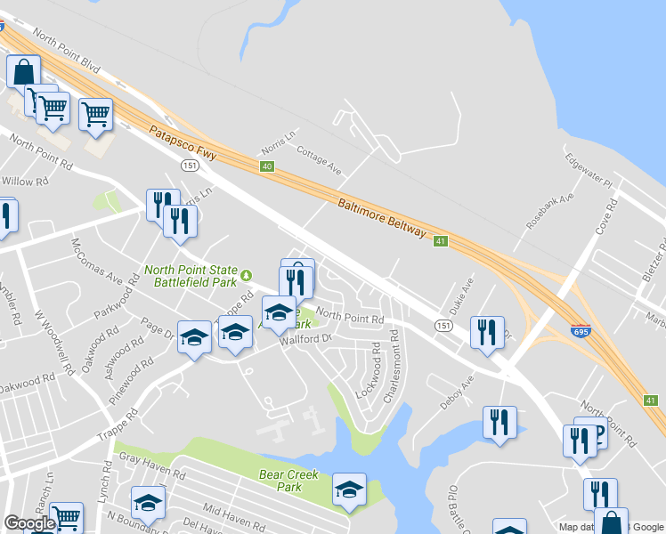 map of restaurants, bars, coffee shops, grocery stores, and more near 3113 Vulcan Road in Dundalk