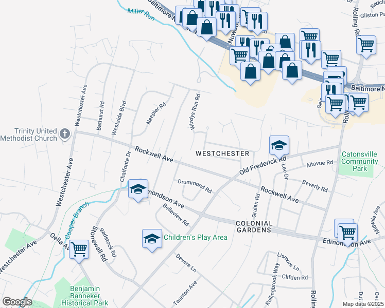 map of restaurants, bars, coffee shops, grocery stores, and more near 2013 Windys Run Road in Catonsville