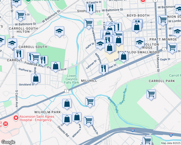 map of restaurants, bars, coffee shops, grocery stores, and more near 2683 Dulany Street in Baltimore