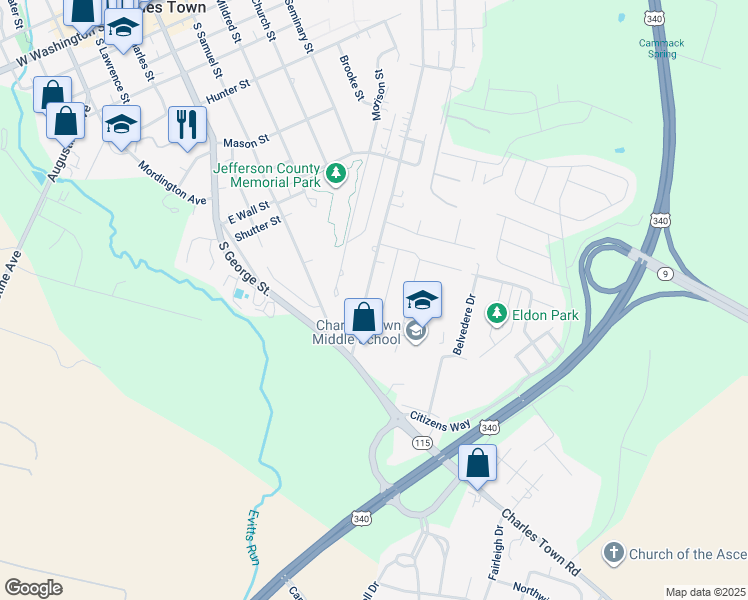 map of restaurants, bars, coffee shops, grocery stores, and more near 144 Jefferson Avenue in Charles Town