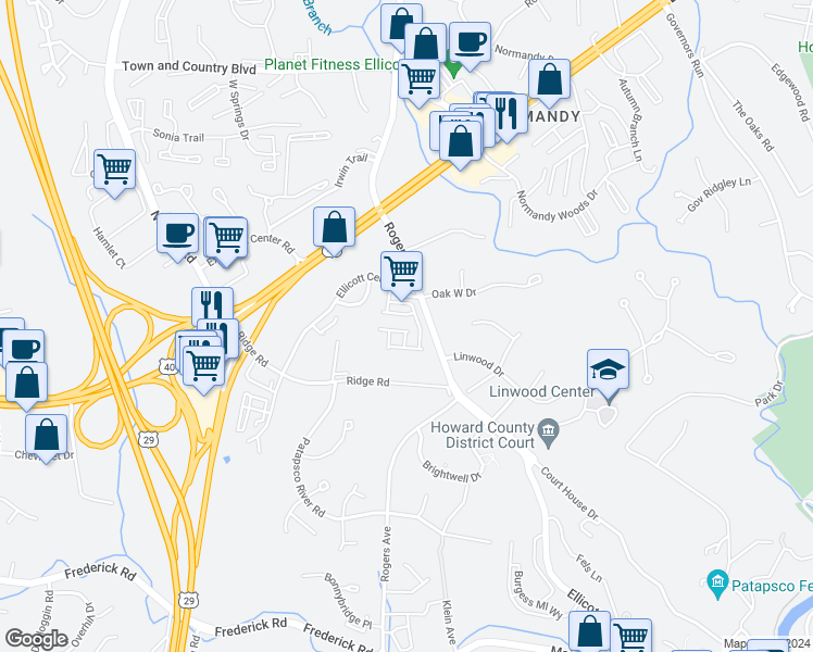 map of restaurants, bars, coffee shops, grocery stores, and more near 3102 Priscillas View in Ellicott City