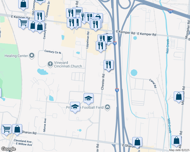 map of restaurants, bars, coffee shops, grocery stores, and more near 11355 Chester Road in Cincinnati