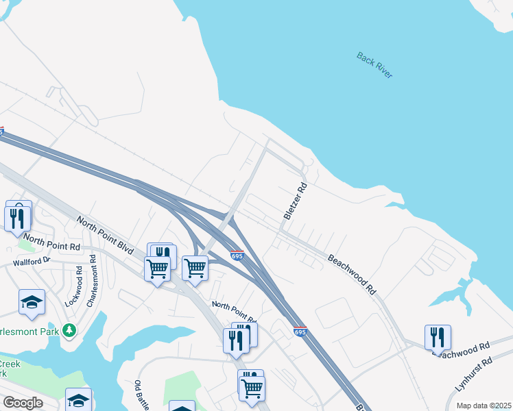 map of restaurants, bars, coffee shops, grocery stores, and more near 124 Briarwood Road in Dundalk