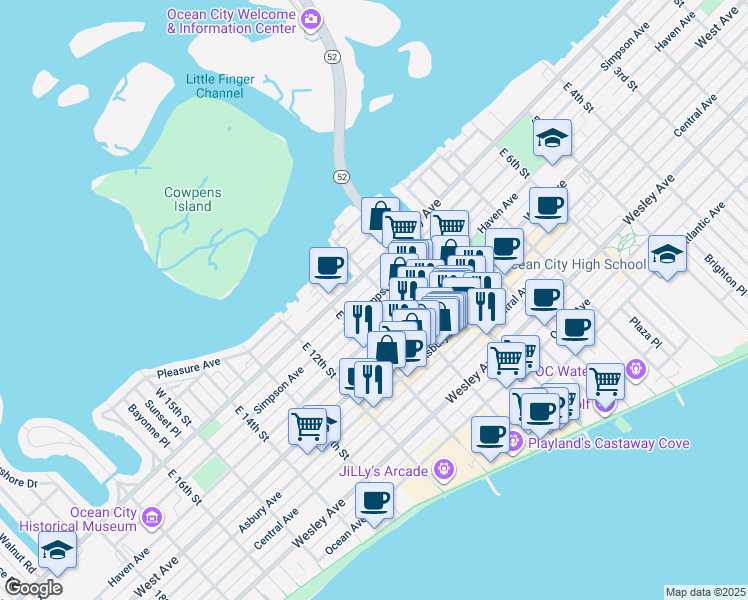 map of restaurants, bars, coffee shops, grocery stores, and more near 1009 Simpson Avenue in Ocean City