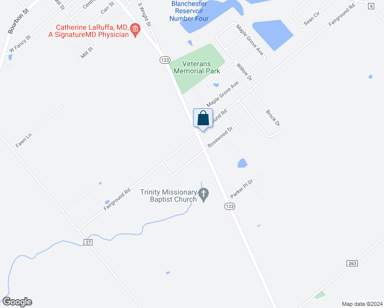 map of restaurants, bars, coffee shops, grocery stores, and more near 7615 Rosewood Drive in Blanchester