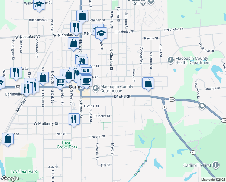 map of restaurants, bars, coffee shops, grocery stores, and more near 111 South Charles Street in Carlinville