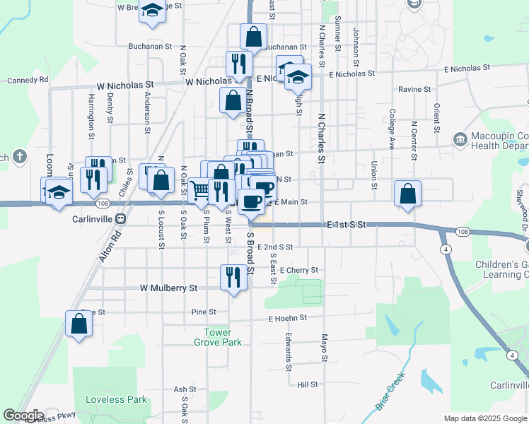 map of restaurants, bars, coffee shops, grocery stores, and more near 101 South East Street in Carlinville