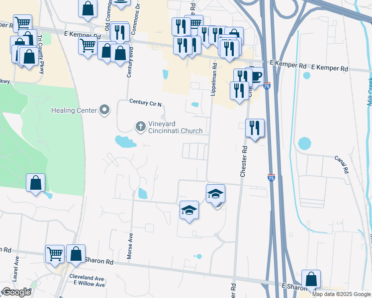 map of restaurants, bars, coffee shops, grocery stores, and more near 11347 Lippelman Road in Cincinnati
