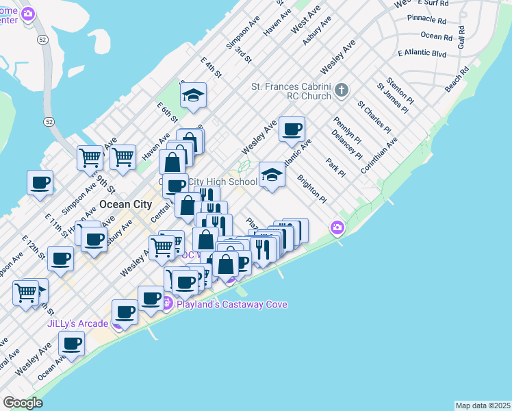 map of restaurants, bars, coffee shops, grocery stores, and more near 816 East 6th Street in Ocean City