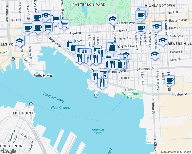 map of restaurants, bars, coffee shops, grocery stores, and more near 2639 Boston Street in Baltimore
