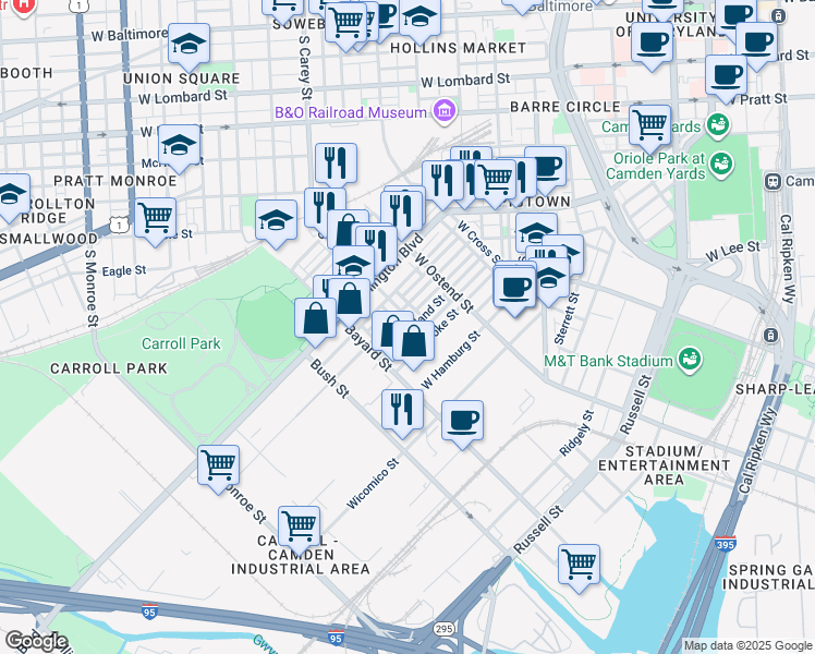 map of restaurants, bars, coffee shops, grocery stores, and more near 1320 South Carey Street in Baltimore